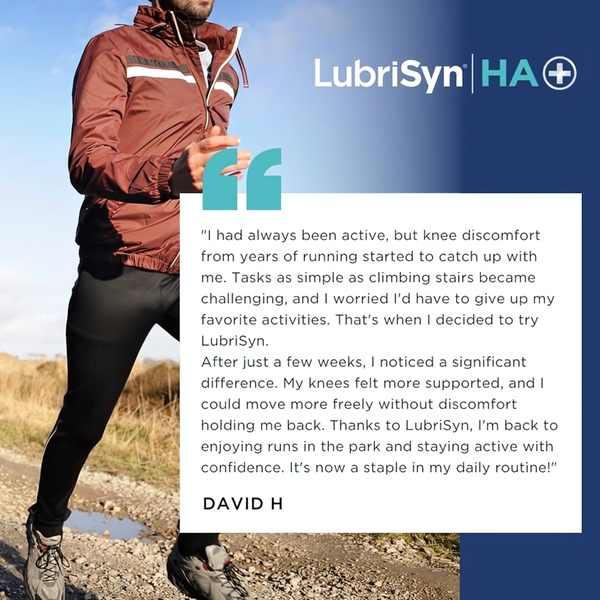 A square ad featuring a runner sharing a personal testimonial about improved joint comfort and mobility after using the supplement.